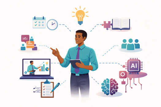 graphic of a person surrounded by icons representing the phases of learning experience design, pointing to one and talking about it