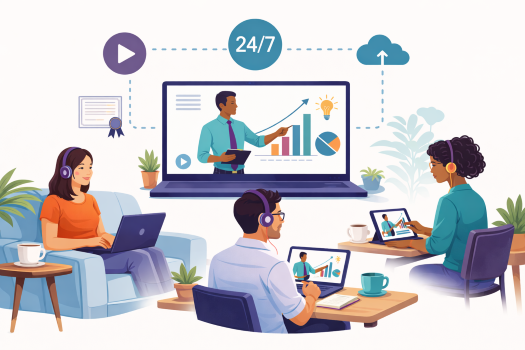 graphic of several people participating in self-paced learning on their computers